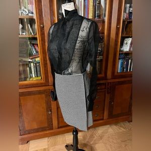 New Ralph Lauren Black Label Wool Leather Lined Black White Check Skirt Sz Small